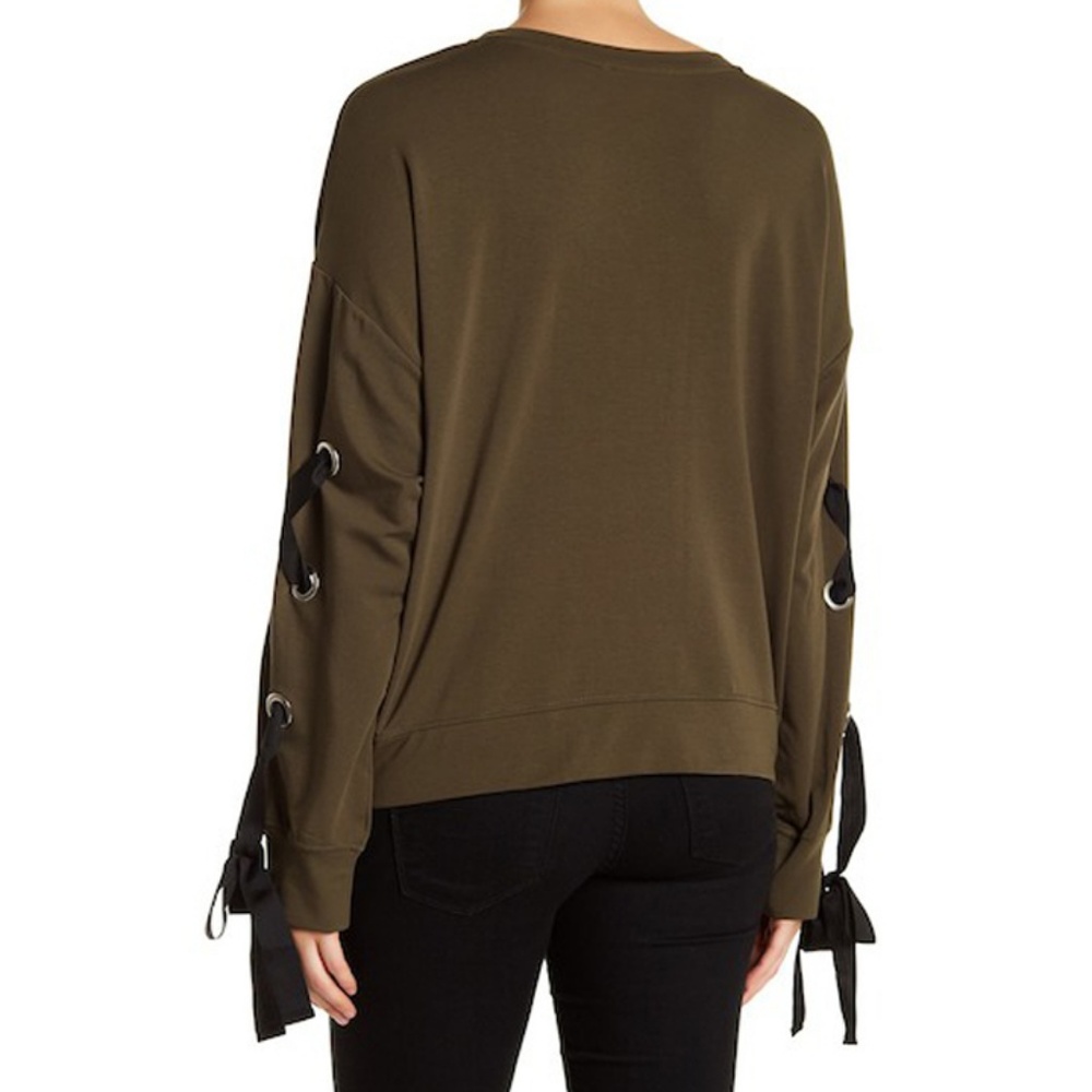 French Terry Lace-Up Green Long Sleeve Sweater - Picture 2 of 9
